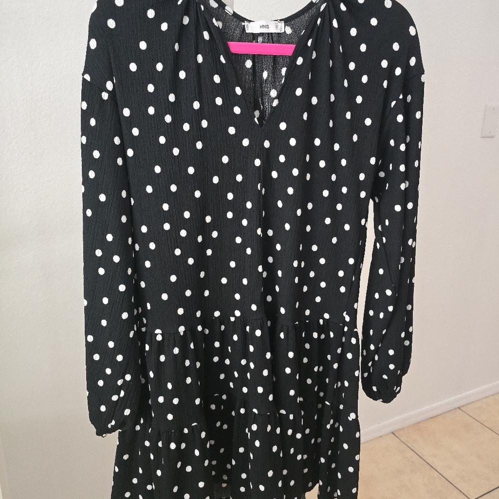 Mango Tiered Polka Dot Jersey Smock Dress in  Black - Picture 5 of 8